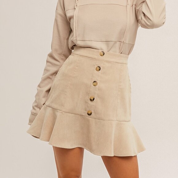 HEM & THREAD Beige Corduroy Button Front Mini Skirt | Flounce Hem - Picture 1 of 6